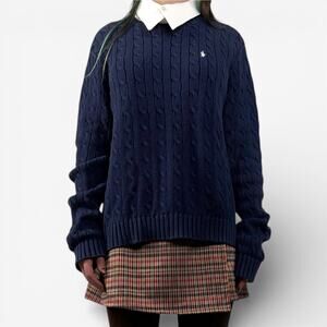 Ralph Lauren Navy Blue Cable Knit Pullover Crewneck Sweater Sz Large